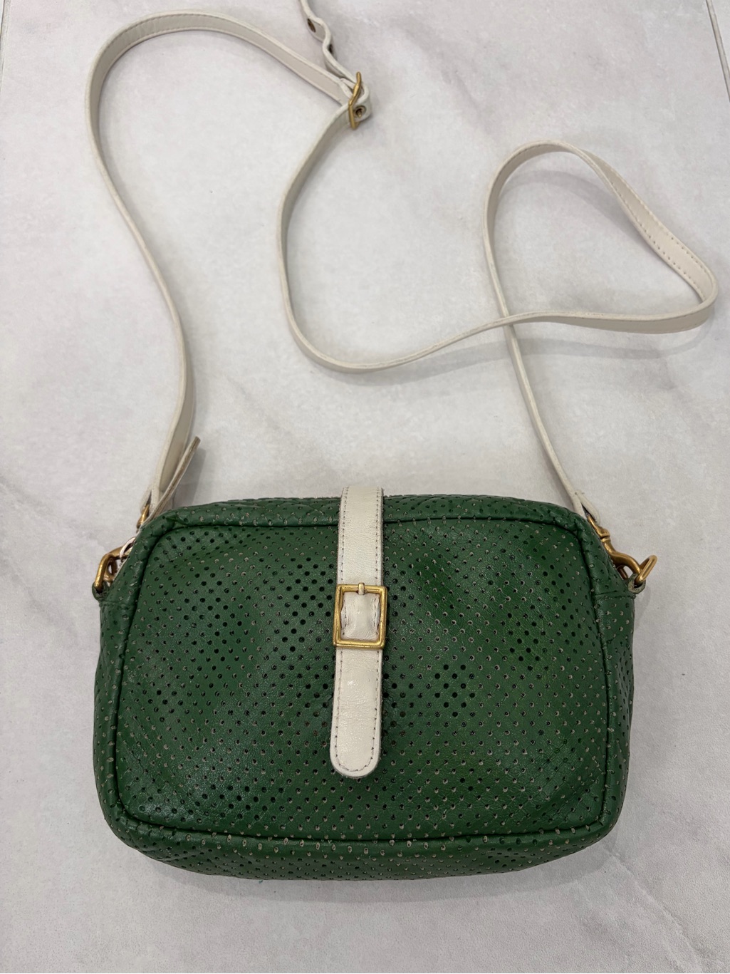 Clare V Green Perforated Crossbody Bag With Adjustable /Removable Cream Strap